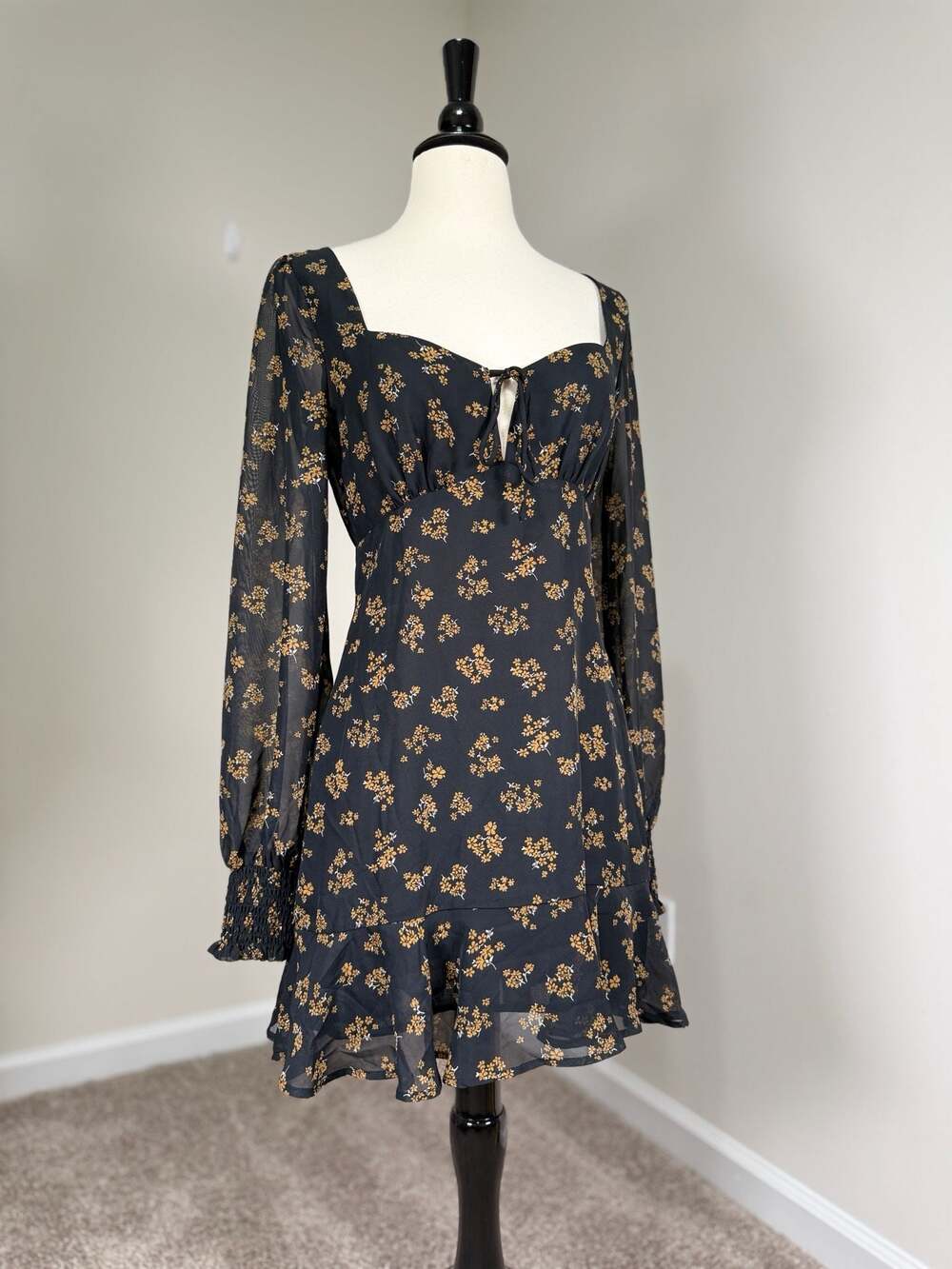 Forever 21 Black Yellow Floral Long Sleeve Tie-Front Ruffle Mini Dress Witchy